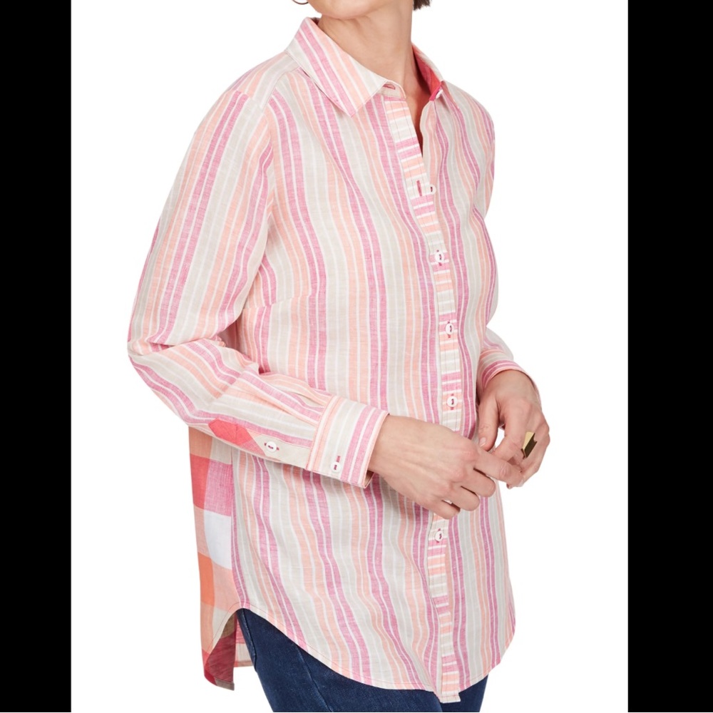 Foxcroft linen shirt Havana Stripe+Check Non Iron Linen in Cabana Pink SIZE 12